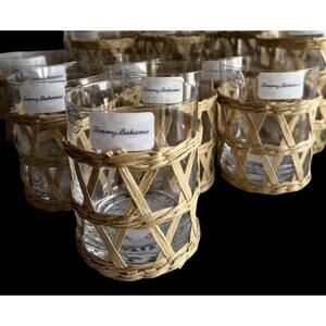 Set of 4 small Tommy Bahama Party Drinking Glasses Summer Wicker Rattan 4.5 inch